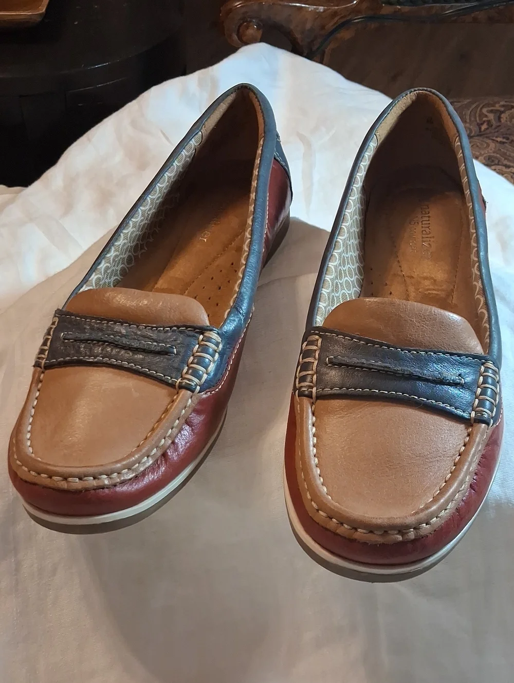 Naturalizer Tri-Color Leather Penny Loafers - Tan, Brown & Navy